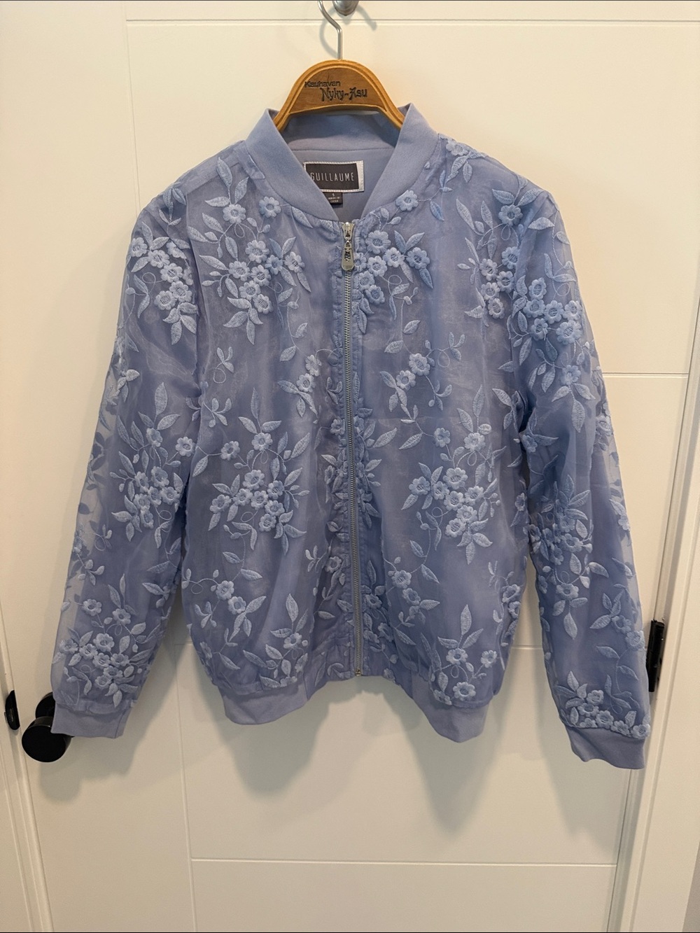 GUILLAUME Light Blue Floral Embroidered Bomber Jacket